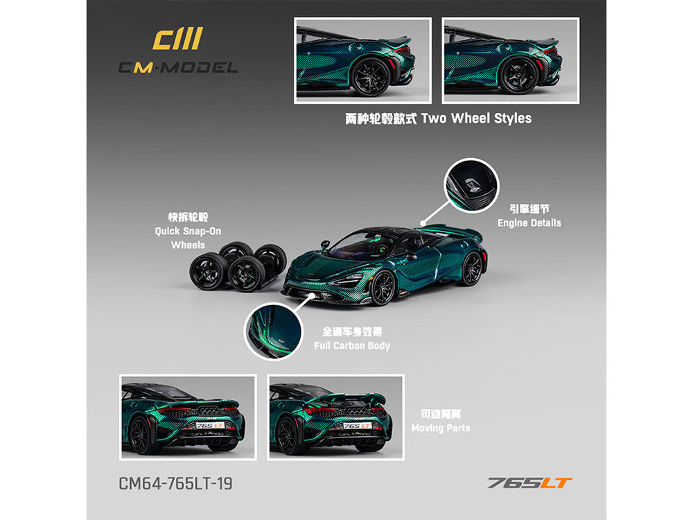 McLaren 765LT Green Carbon Metallic with Black Top and Extra Wheels 1/64 Diecast Model Car by CM Model LuxuryLifeWay Online Store