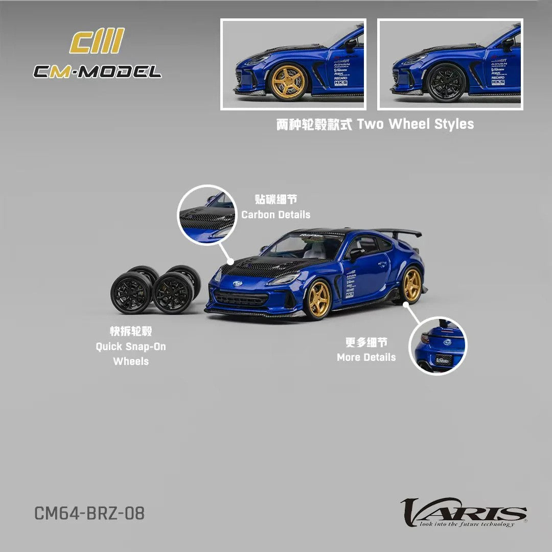 Subaru BRZ Varis Arising-1 RHD (Right Hand Drive) Blue Metallic with Carbon Hood and Top and Extra Wheels 1/64 Diecast Model Car by CM Models LuxuryLifeWay Online Store