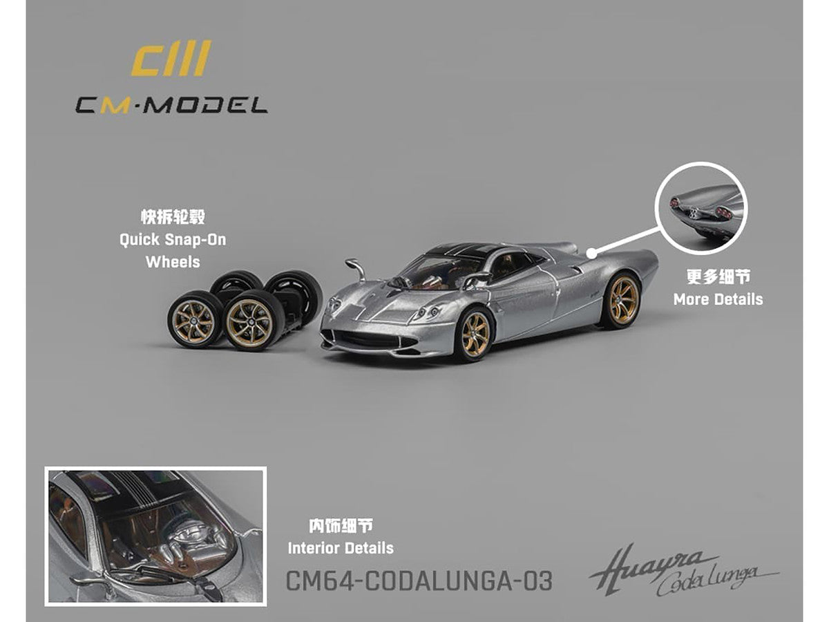 Pagani Huayra Codalunga Silver Metallic with Sunroof and Extra Wheels 1/64 Diecast Model Car by CM Model LuxuryLifeWay Online Store