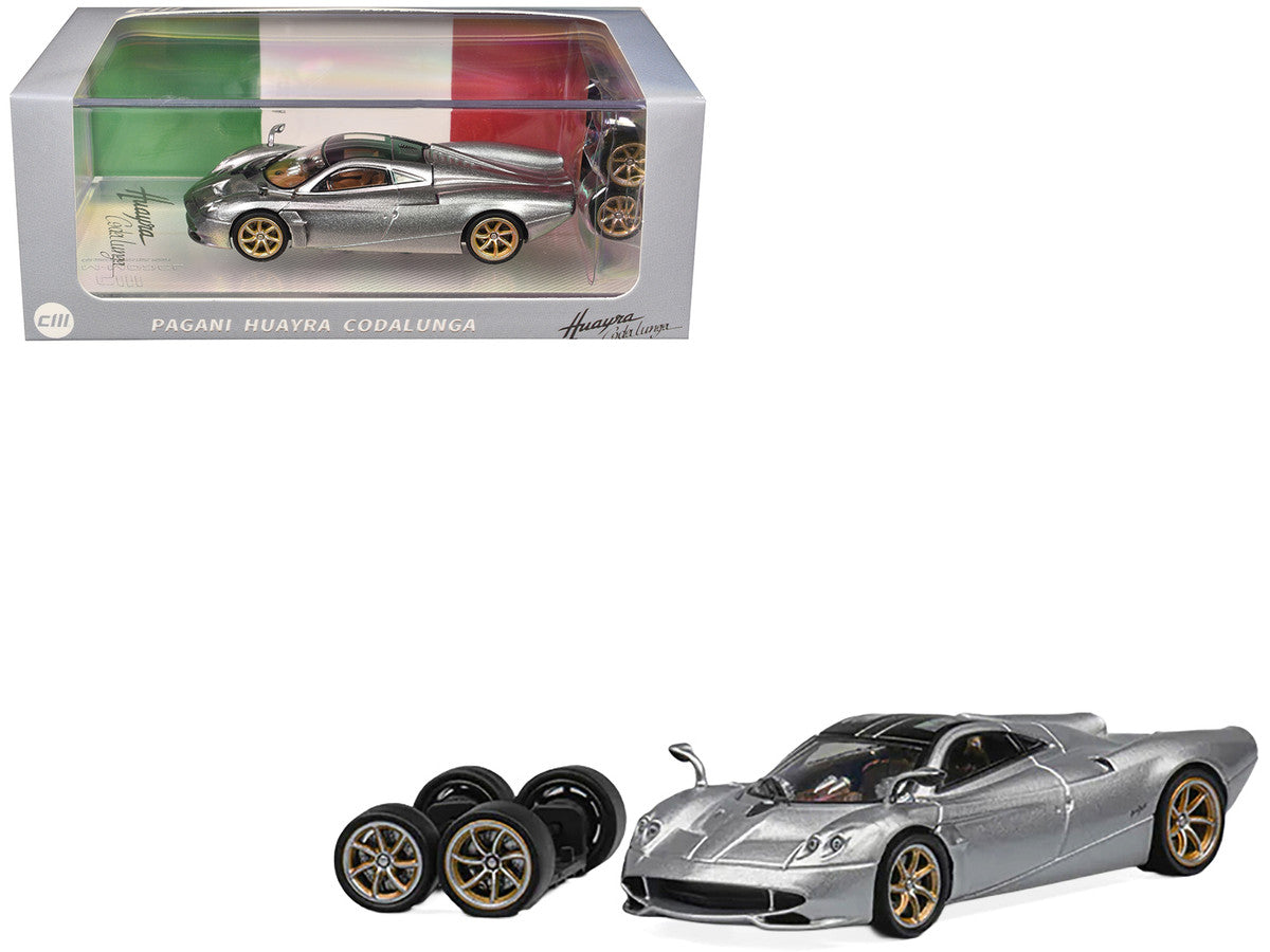 Pagani Huayra Codalunga Silver Metallic with Sunroof and Extra Wheels 1/64 Diecast Model Car by CM Model LuxuryLifeWay Online Store