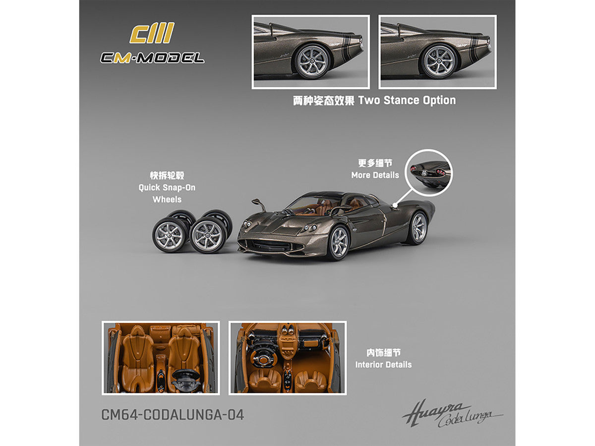Pagani Huayra Codalunga Gun Metal Gray Metallic with Sunroof and Extra Wheels 1/64 Diecast Model Car by CM Model LuxuryLifeWay Online Store