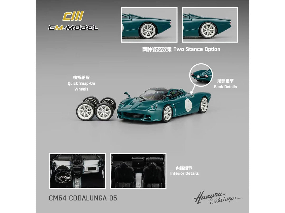 Pagani Huayra Codalunga Green with Sunroof and Extra Wheels 1/64 Diecast Model Car by CM Model LuxuryLifeWay Online Store