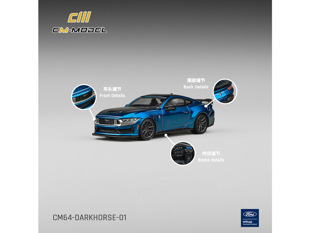 Ford Mustang Dark Horse Blue Metallic with Matt Black Hood and Black Top 1/64 Diecast Model Car by CM Models LuxuryLifeWay Online Store