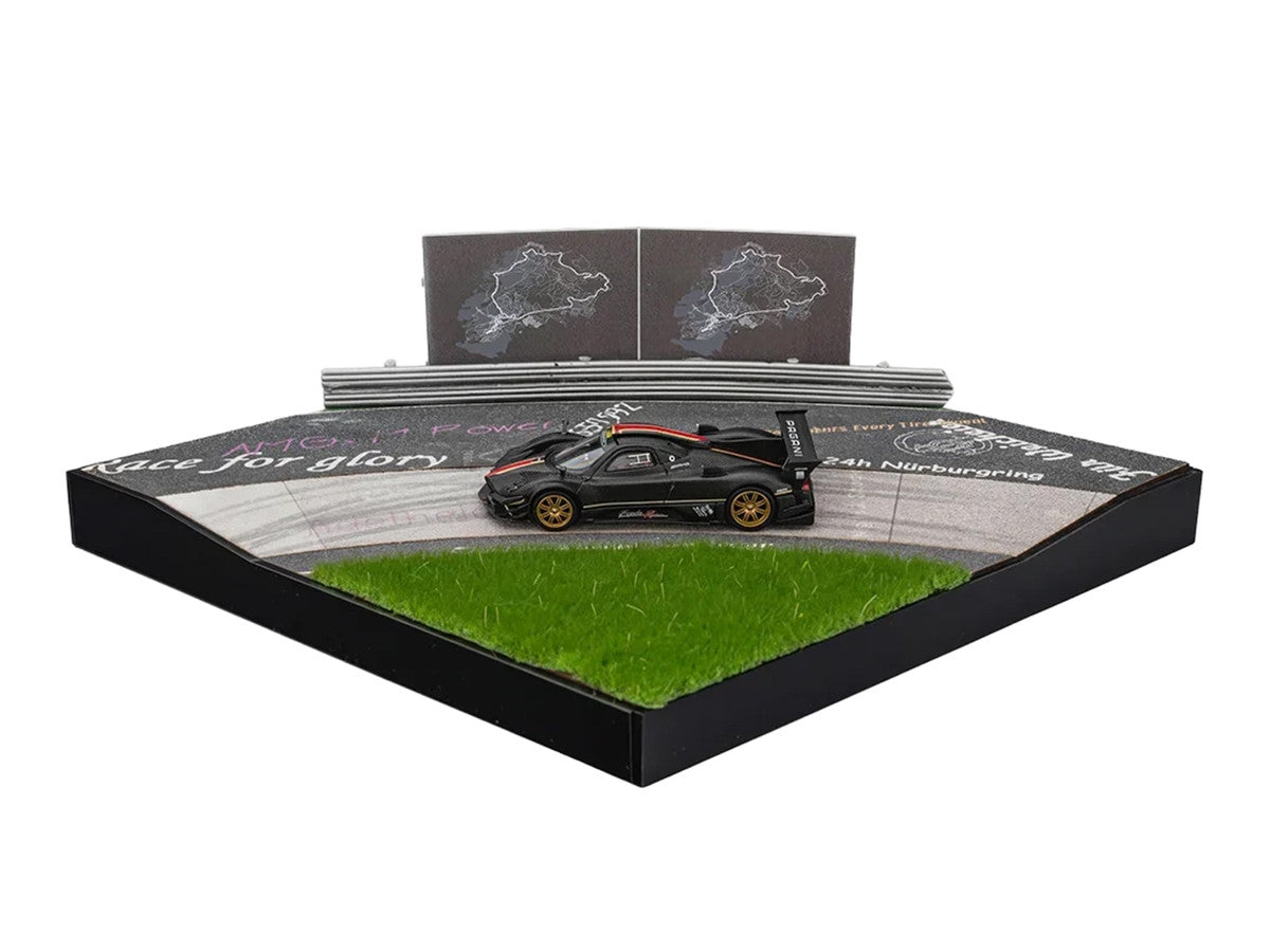 Nurburgring Diorama Set with Pagani Zonda Revolucion Carbon with Red and Gold Stripes and Extra Wheels 1/64 Diecast Model Car by CM Model LuxuryLifeWay Online Store