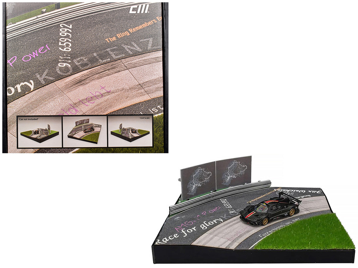 Nurburgring Diorama Set with Pagani Zonda Revolucion Carbon with Red and Gold Stripes and Extra Wheels 1/64 Diecast Model Car by CM Model LuxuryLifeWay Online Store