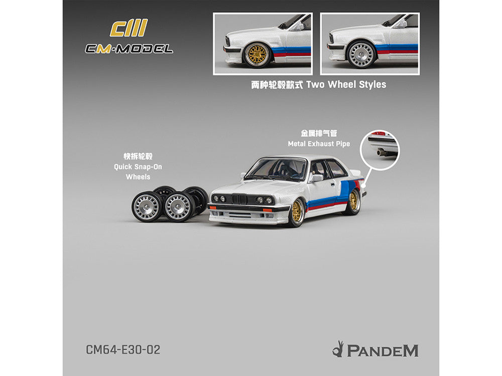 Pandem E30 V1 White with Stripes and Extra Wheels 1/64 Diecast Model Car by CM Models LuxuryLifeWay Online Store