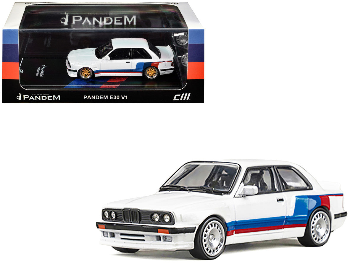 Pandem E30 V1 White with Stripes and Extra Wheels 1/64 Diecast Model Car by CM Models LuxuryLifeWay Online Store