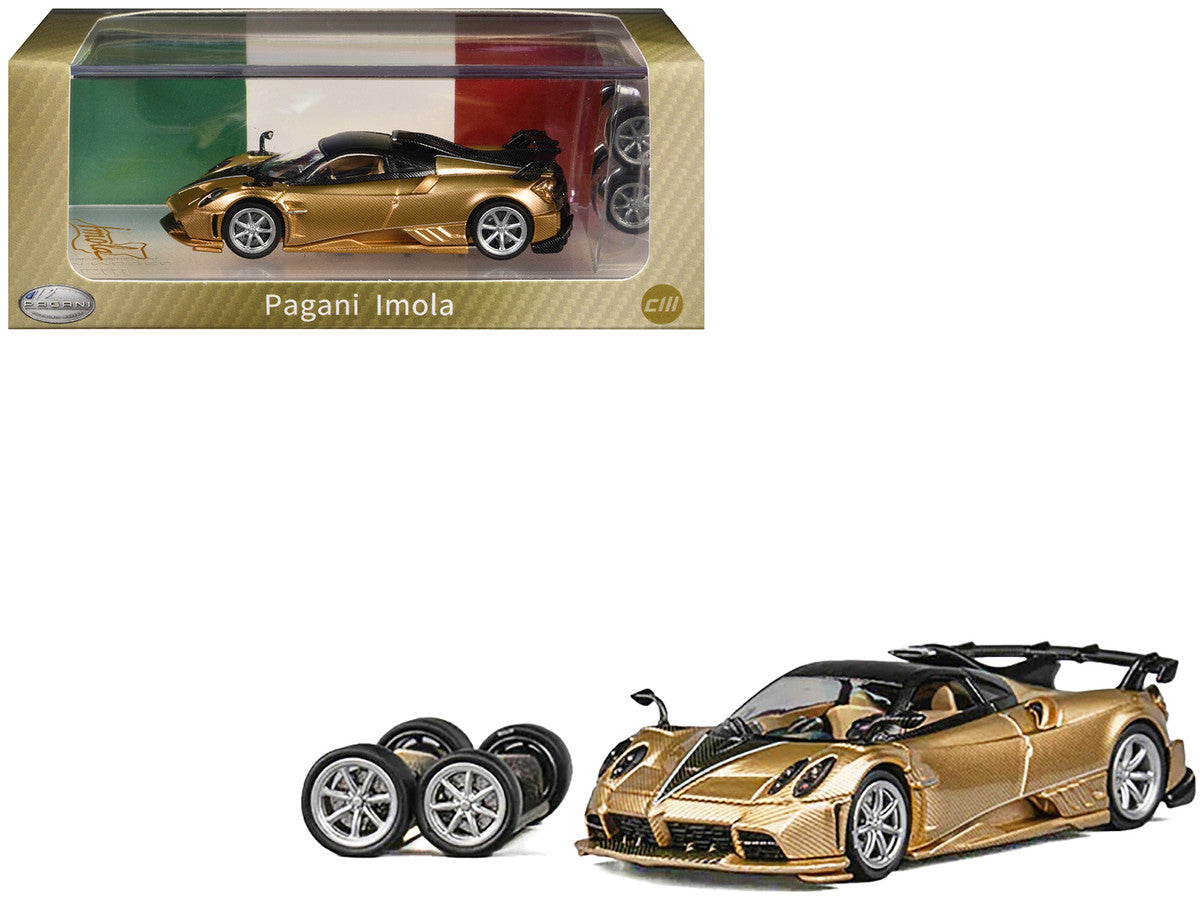 Pagani Imola Gold Carbon Metallic with Black Carbon Top with Extra Wheels 1/64 Diecast Model Car by CM Model LuxuryLifeWay Online Store