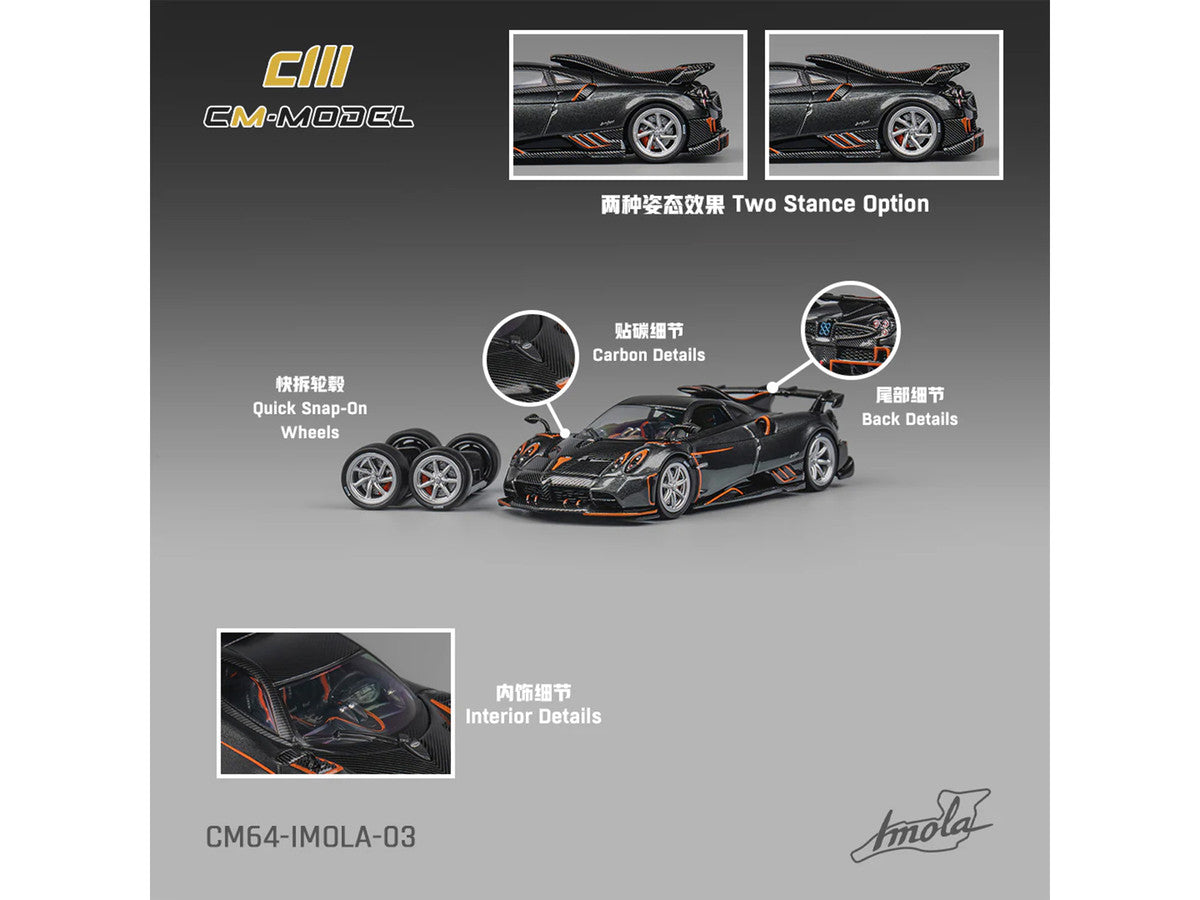 Pagani Imola Dark Gray Metallic with Carbon and Orange Accents with Extra Wheels 1/64 Diecast Model Car by CM Model LuxuryLifeWay Online Store