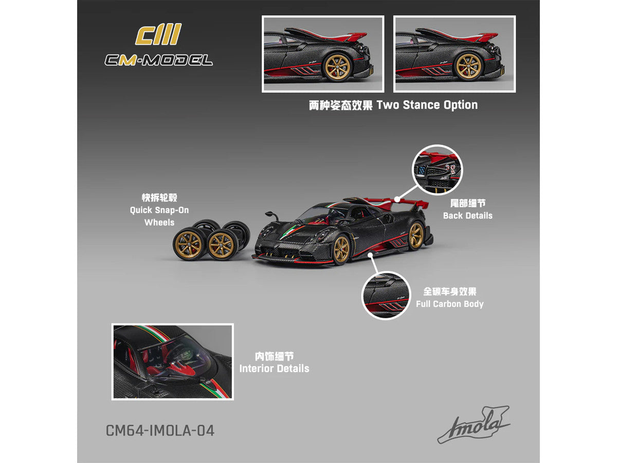 Pagani Imola Black Carbon with Italian Flag Stripes with Extra Wheels 1/64 Diecast Model Car by CM Model LuxuryLifeWay Online Store