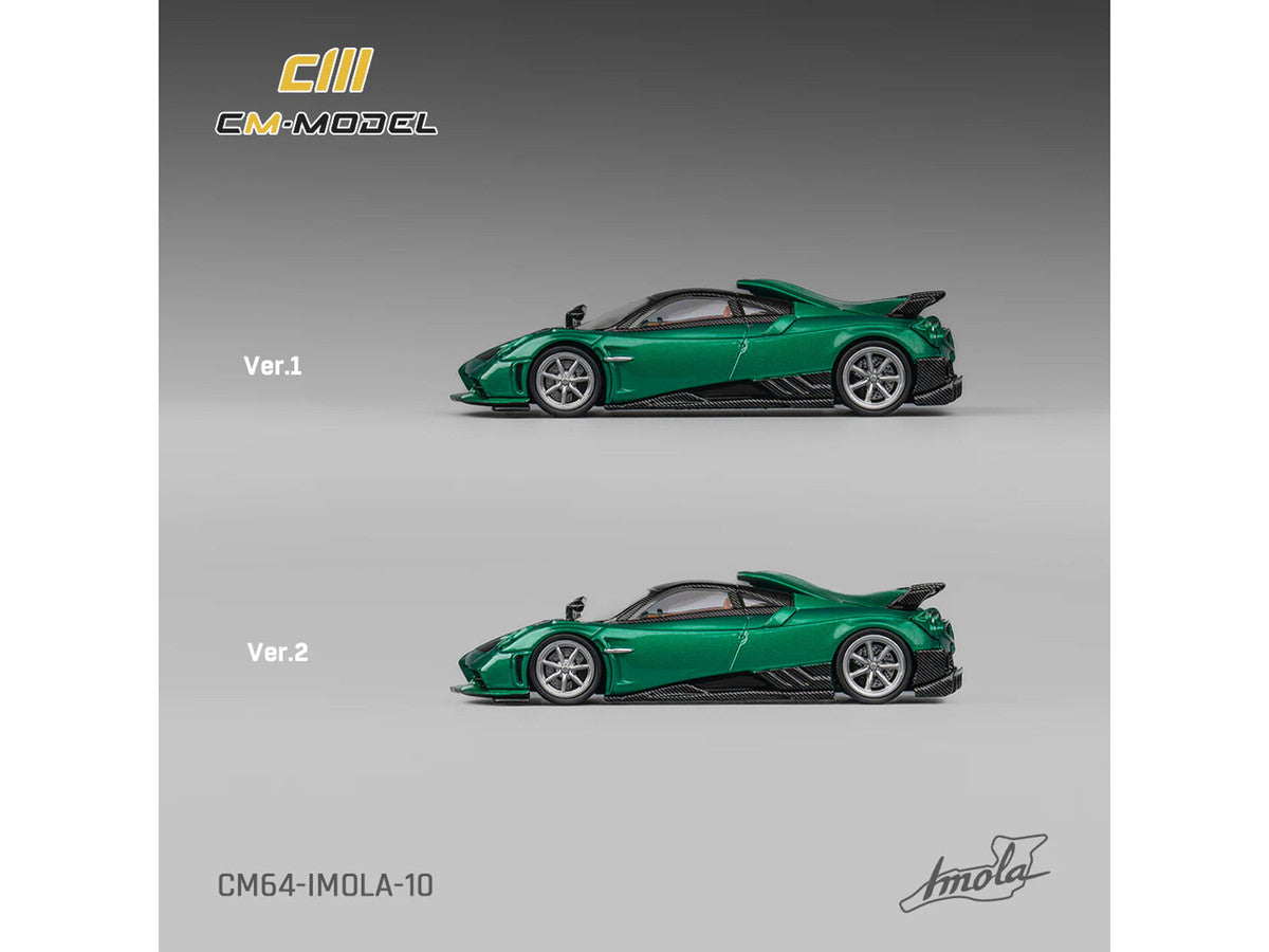 Pagani Imola Emerald Green Metallic with Carbon Top and Extra Wheels 1/64 Diecast Model Car by CM Model LuxuryLifeWay Online Store