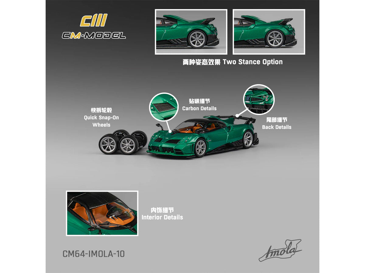 Pagani Imola Emerald Green Metallic with Carbon Top and Extra Wheels 1/64 Diecast Model Car by CM Model LuxuryLifeWay Online Store