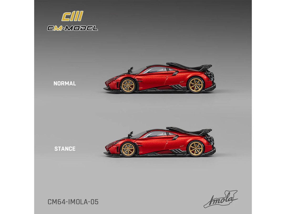 Pagani Imola Red Metallic with Carbon Top and Stripes with Extra Wheels 1/64 Diecast Model Car by CM Model LuxuryLifeWay Online Store