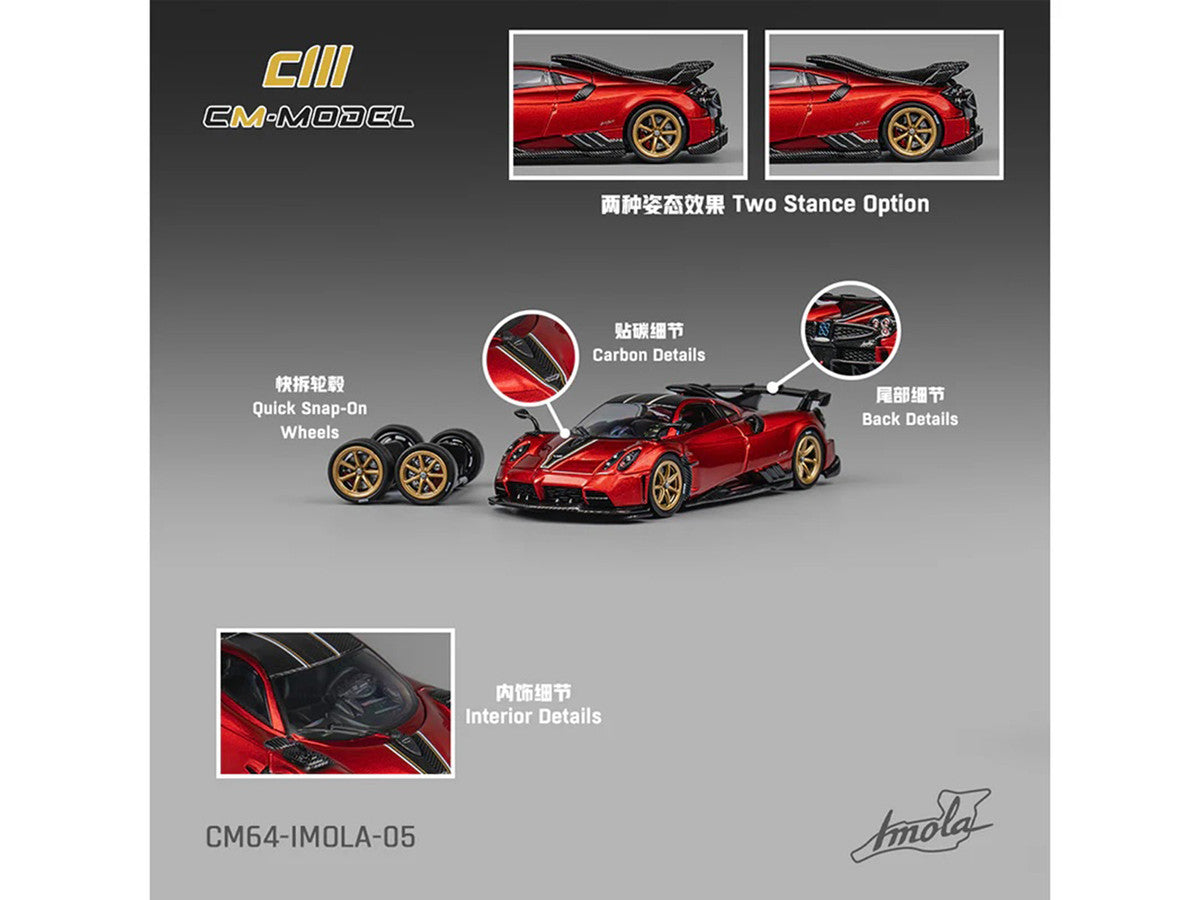 Pagani Imola Red Metallic with Carbon Top and Stripes with Extra Wheels 1/64 Diecast Model Car by CM Model LuxuryLifeWay Online Store