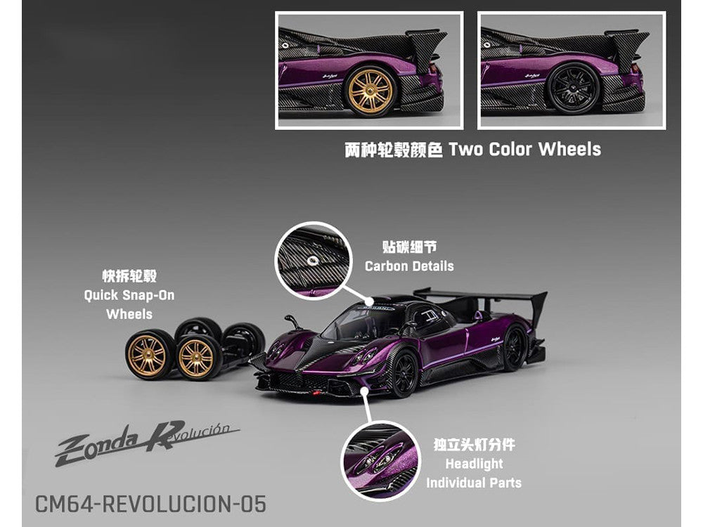 Pagani Zonda Revolucion Purple Metallic and Carbon with Extra Wheels 1/64 Diecast Model Car by CM Model LuxuryLifeWay Online Store