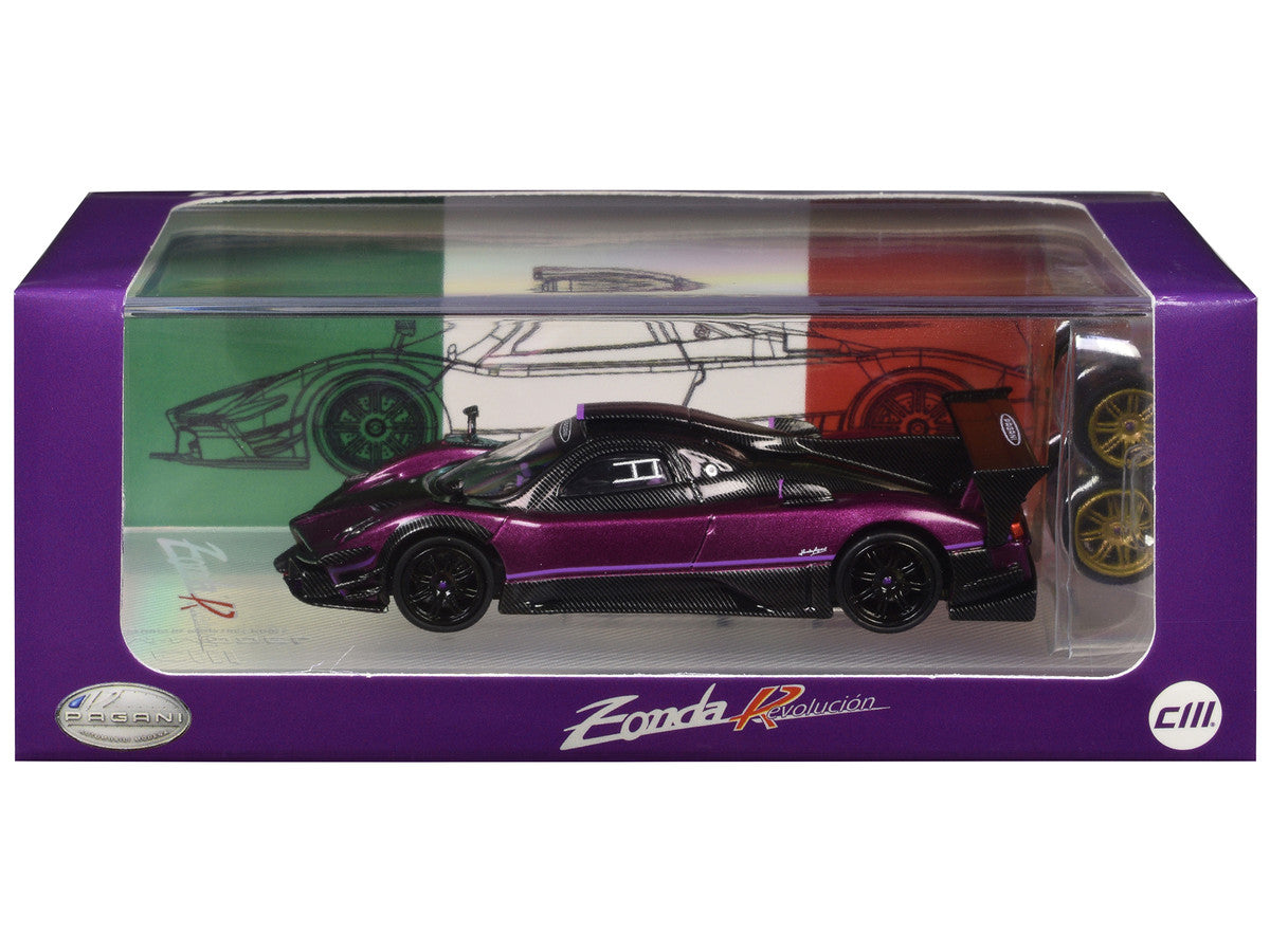 Pagani Zonda Revolucion Purple Metallic and Carbon with Extra Wheels 1/64 Diecast Model Car by CM Model LuxuryLifeWay Online Store