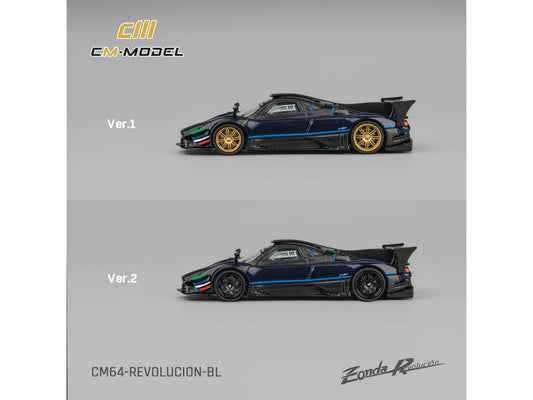 Pagani Zonda Revolucion Dark Blue Metallic and Carbon with Extra Wheels 1/64 Diecast Model Car by CM Model LuxuryLifeWay Online Store
