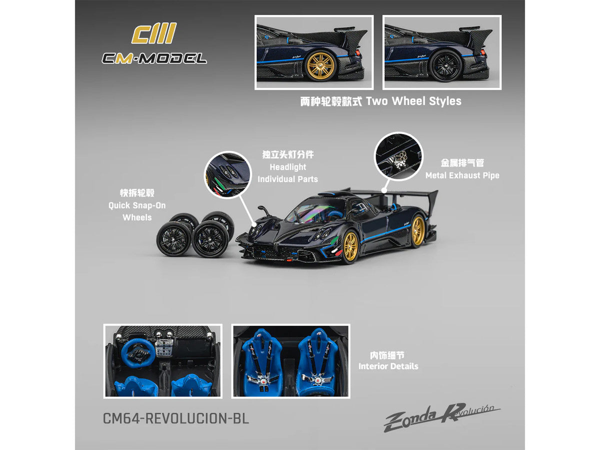 Pagani Zonda Revolucion Dark Blue Metallic and Carbon with Extra Wheels 1/64 Diecast Model Car by CM Model LuxuryLifeWay Online Store