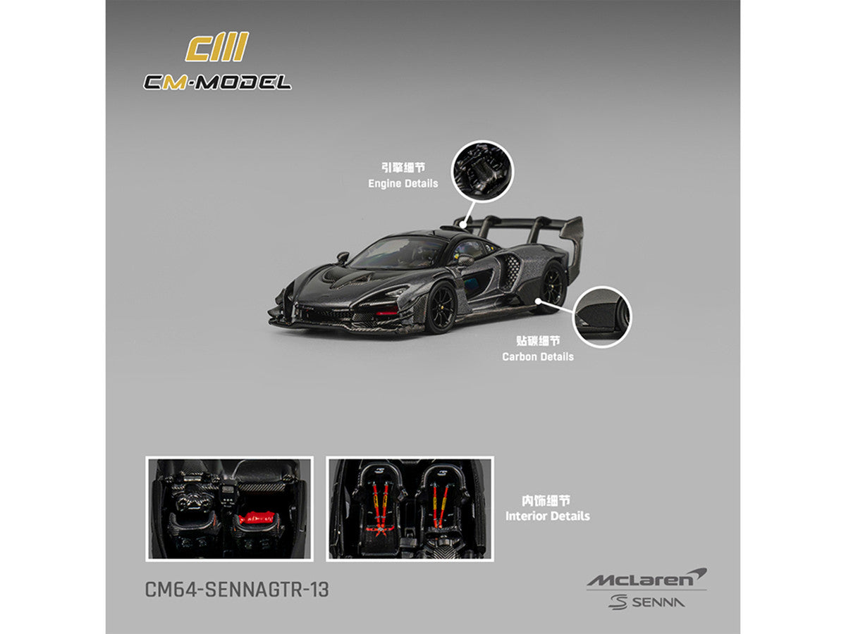 McLaren Senna GTR Dark Gray Metallic with Carbon Hood and Black Top 1/64 Diecast Model Car by CM Model LuxuryLifeWay Online Store