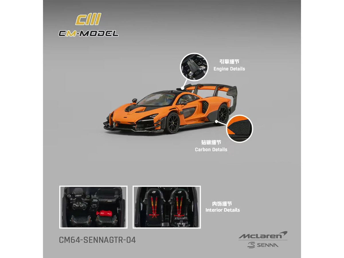 McLaren Senna GTR Orange Metallic with Carbon Hood and Black Top 1/64 Diecast Model Car by CM Model LuxuryLifeWay Online Store