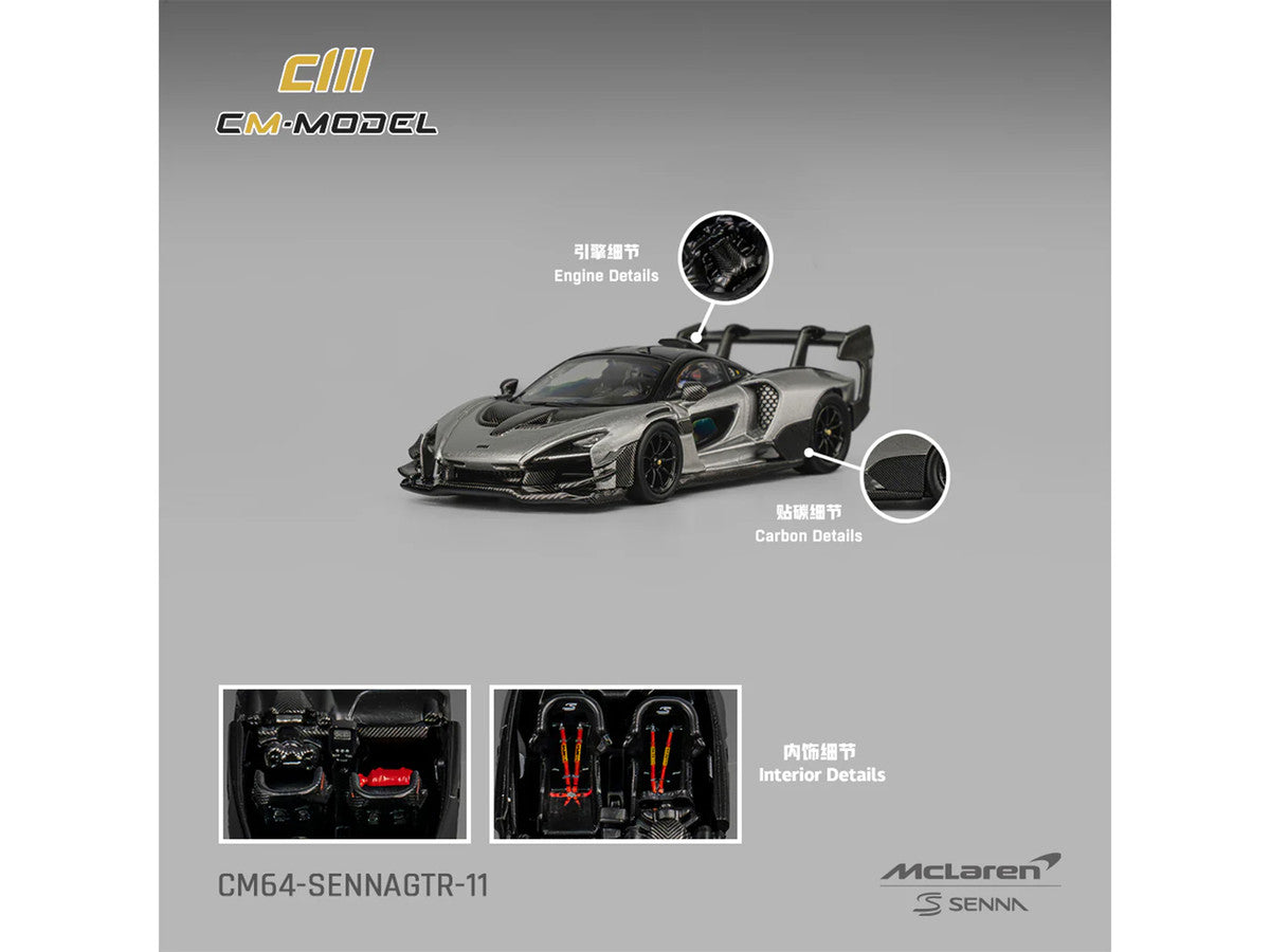 McLaren Senna GTR Silver Gray Metallic with Carbon Hood and Black Top 1/64 Diecast Model Car by CM Model LuxuryLifeWay Online Store