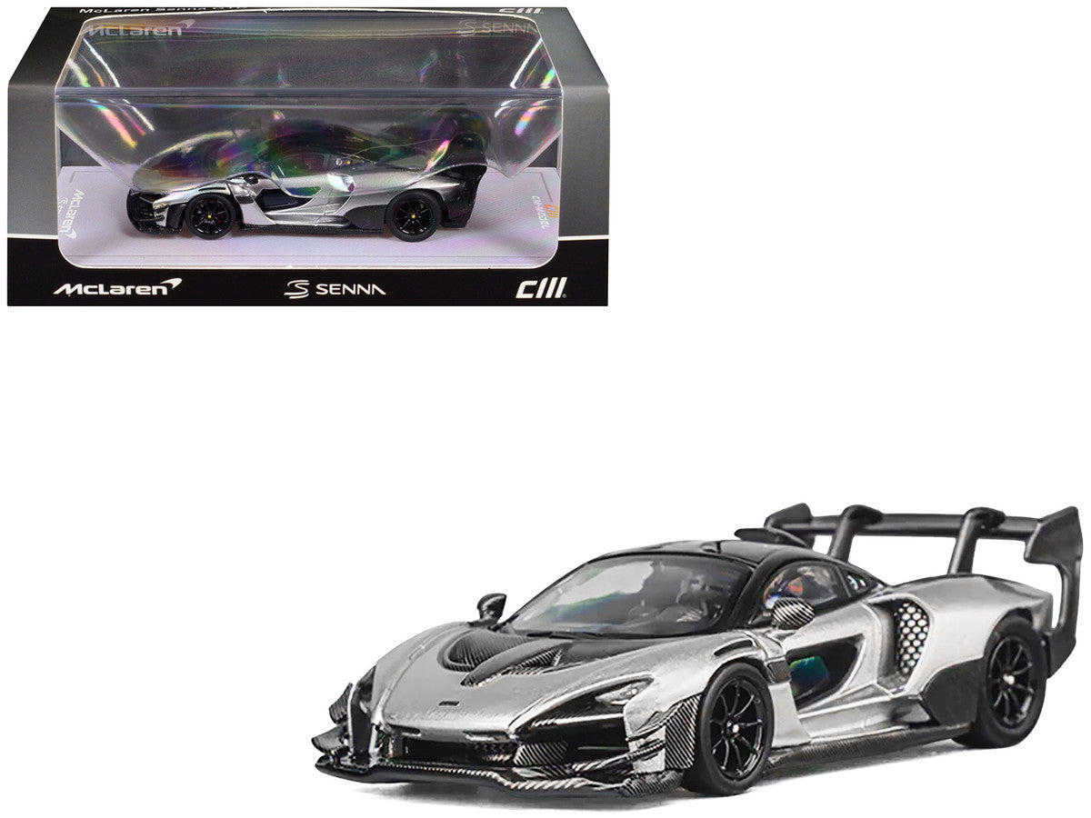 McLaren Senna GTR Silver Gray Metallic with Carbon Hood and Black Top 1/64 Diecast Model Car by CM Model LuxuryLifeWay Online Store