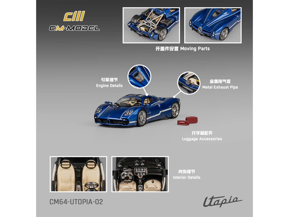 Pagani Utopia Blue Metallic with White Stripes 1/64 Diecast Model Car by CM Model LuxuryLifeWay Online Store