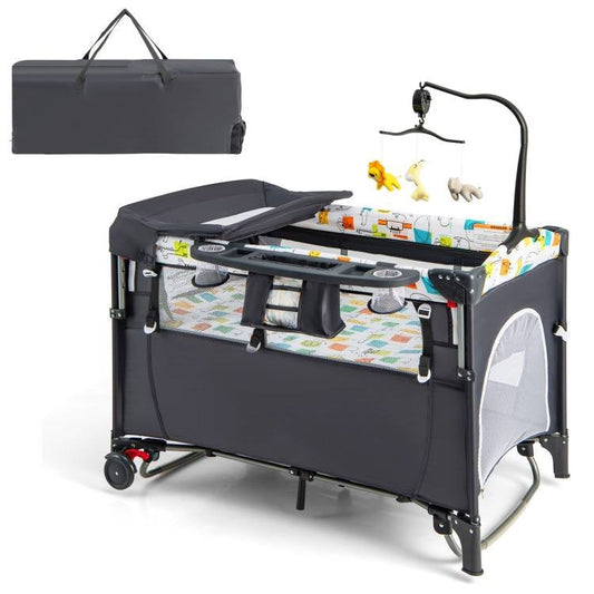 Grey Foldable Baby/Toddler Playpen Bassinet Bed Crib Music Box LuxuryLifeWay Online Store