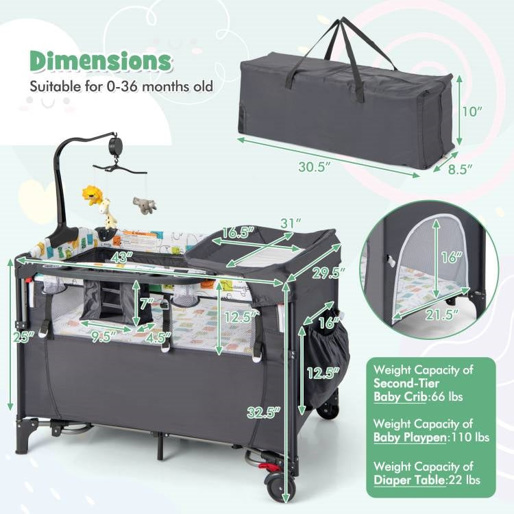 Grey Foldable Baby/Toddler Playpen Bassinet Bed Crib Music Box LuxuryLifeWay Online Store