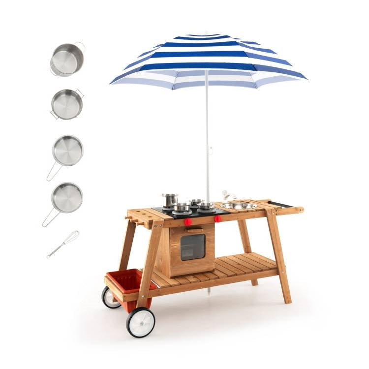 Kids Wooden Play Portable Cook Cart Set Navy/White Sun Proof Umbrella LuxuryLifeWay Online Store