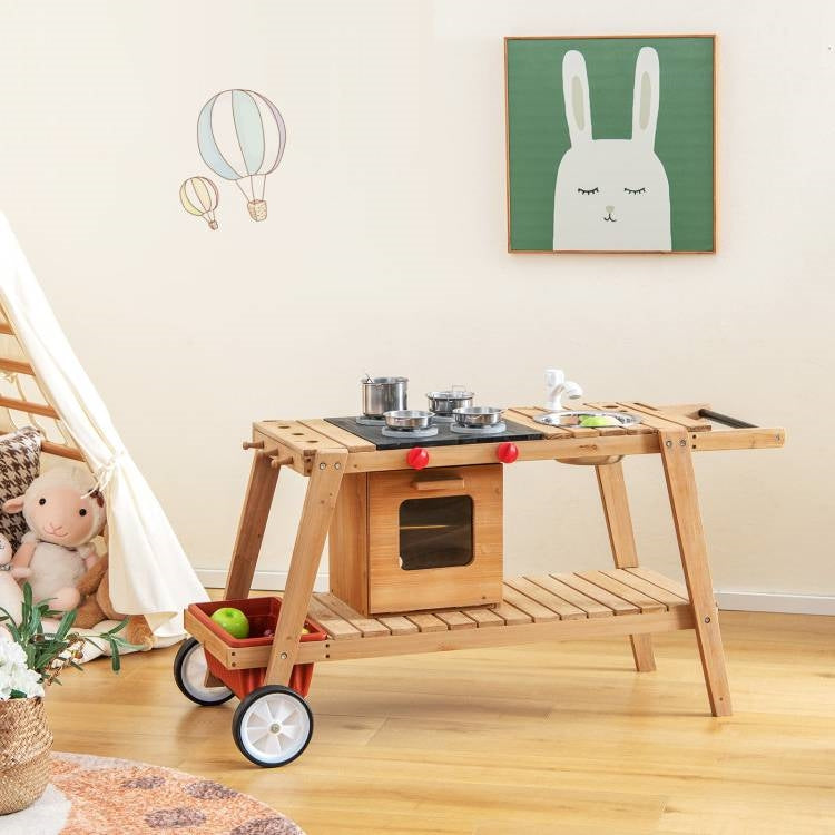 Kids Wooden Play Portable Cook Cart Set Navy/White Sun Proof Umbrella LuxuryLifeWay Online Store