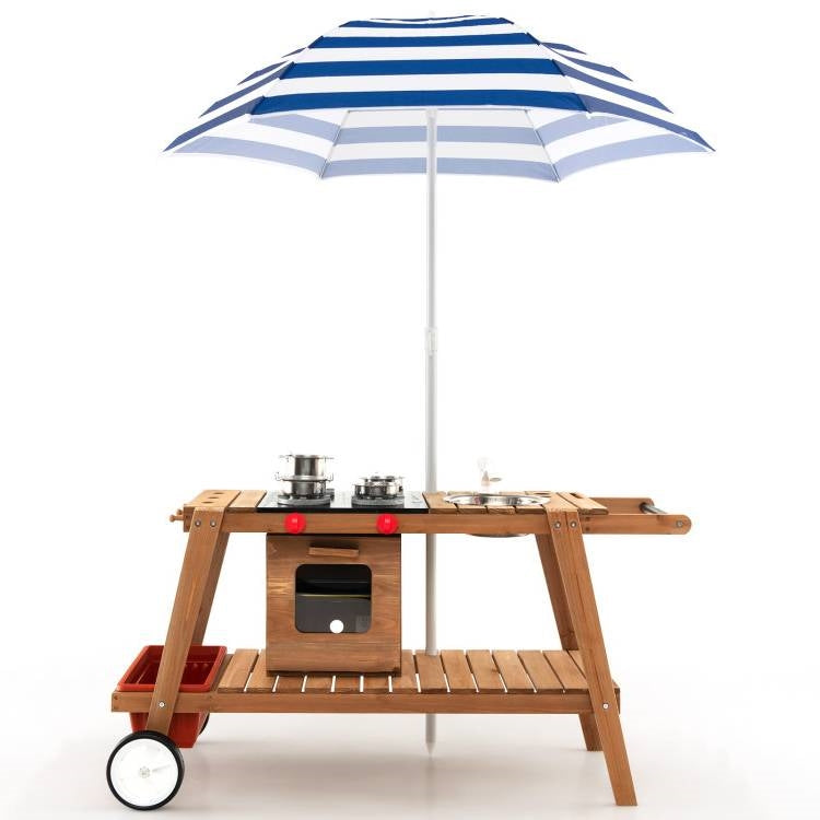 Kids Wooden Play Portable Cook Cart Set Navy/White Sun Proof Umbrella LuxuryLifeWay Online Store