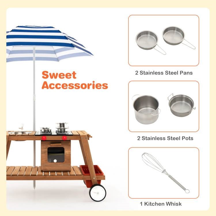 Kids Wooden Play Portable Cook Cart Set Navy/White Sun Proof Umbrella LuxuryLifeWay Online Store