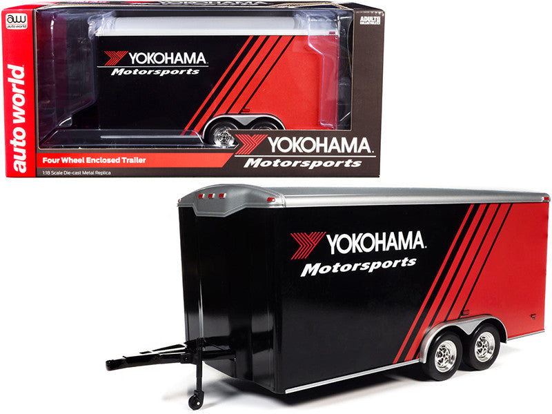 Four Wheel Enclosed Car Trailer "Yokohama Motorsports" Black and Red for 1/18 Scale Model Cars by Auto World LuxuryLifeWay Online Store