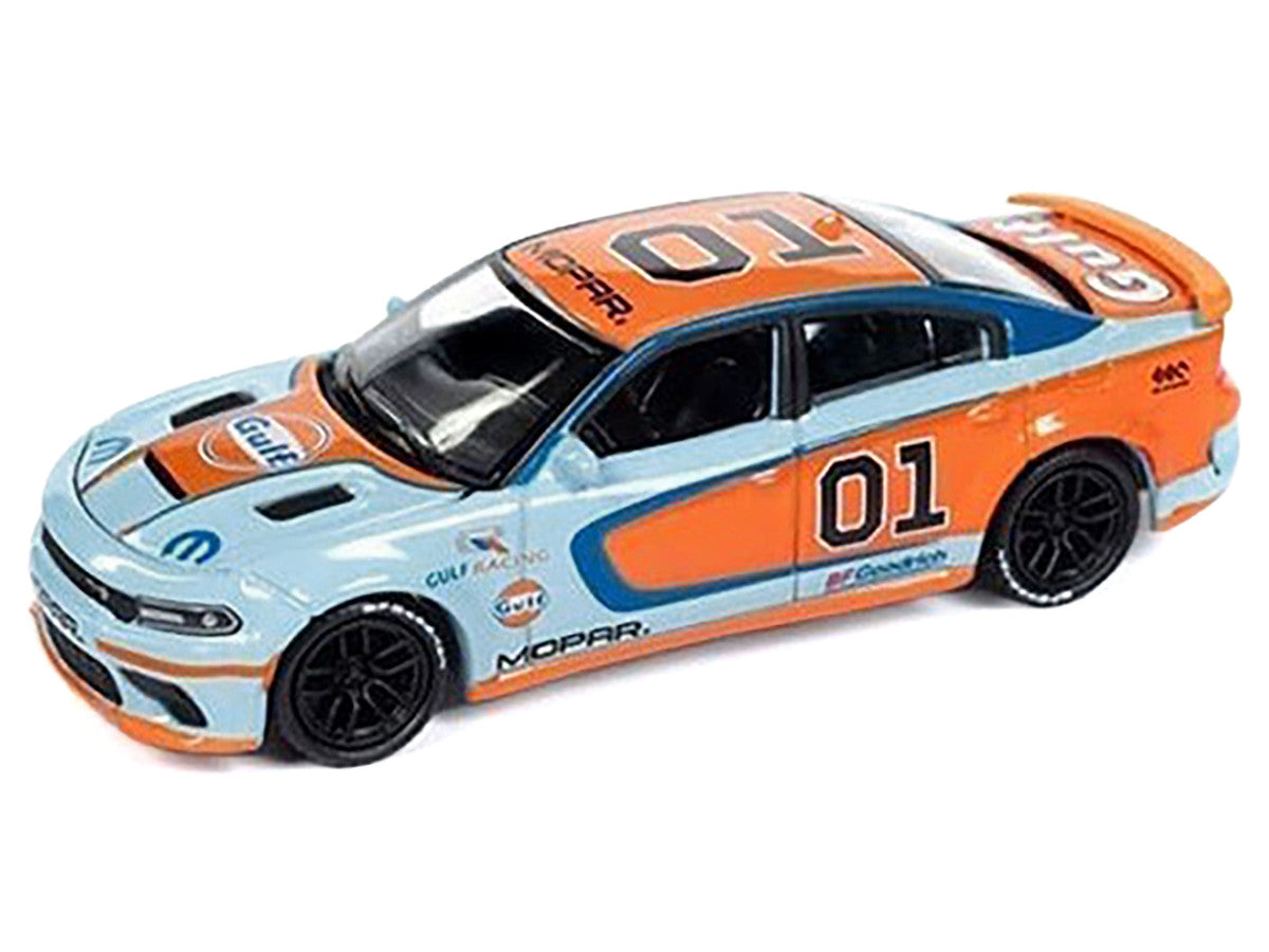 2021 Dodge Charger SRT Hellcat #01 "Gulf Oil-MOPAR" Light Blue and Orange Limited Edition to 4800 pieces Worldwide 1/64 Diecast Model Car by Auto World LuxuryLifeWay Online Store