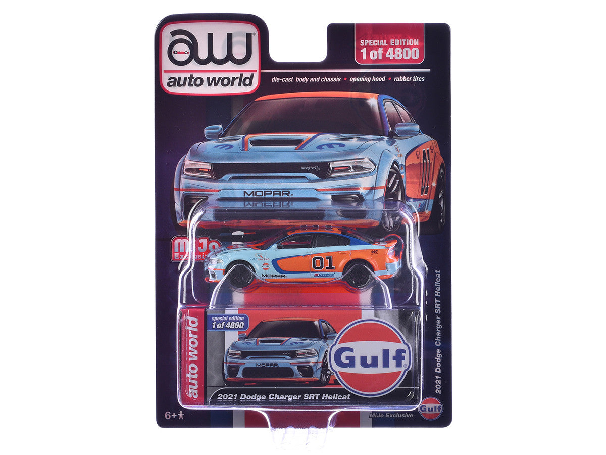 2021 Dodge Charger SRT Hellcat #01 "Gulf Oil-MOPAR" Light Blue and Orange Limited Edition to 4800 pieces Worldwide 1/64 Diecast Model Car by Auto World LuxuryLifeWay Online Store
