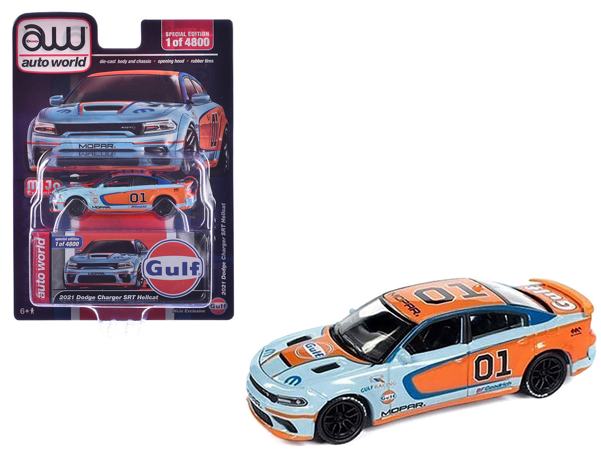 2021 Dodge Charger SRT Hellcat #01 "Gulf Oil-MOPAR" Light Blue and Orange Limited Edition to 4800 pieces Worldwide 1/64 Diecast Model Car by Auto World LuxuryLifeWay Online Store