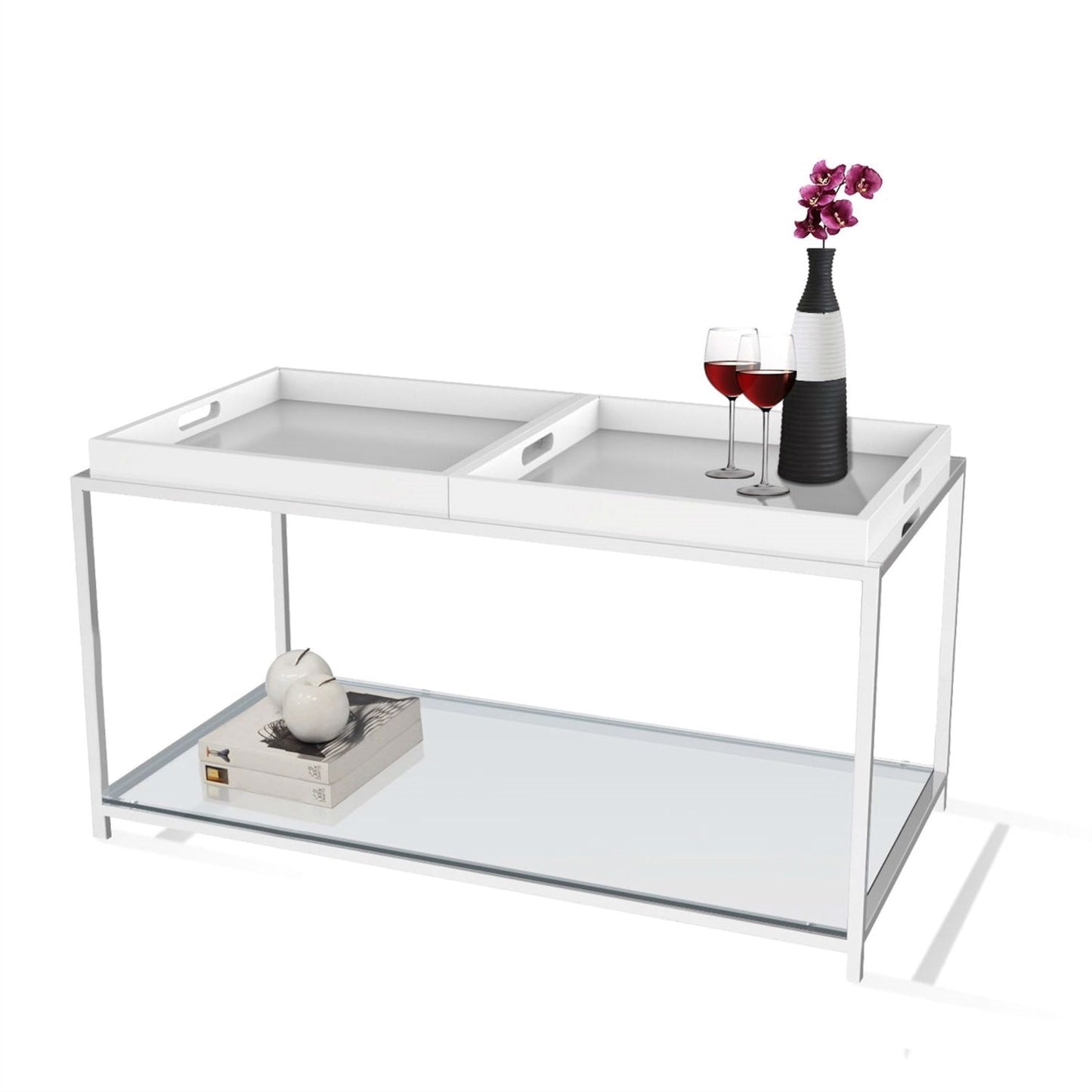 Modern Chrome Metal Coffee Table with 2 White Removable Trays LuxuryLifeWay Online Store