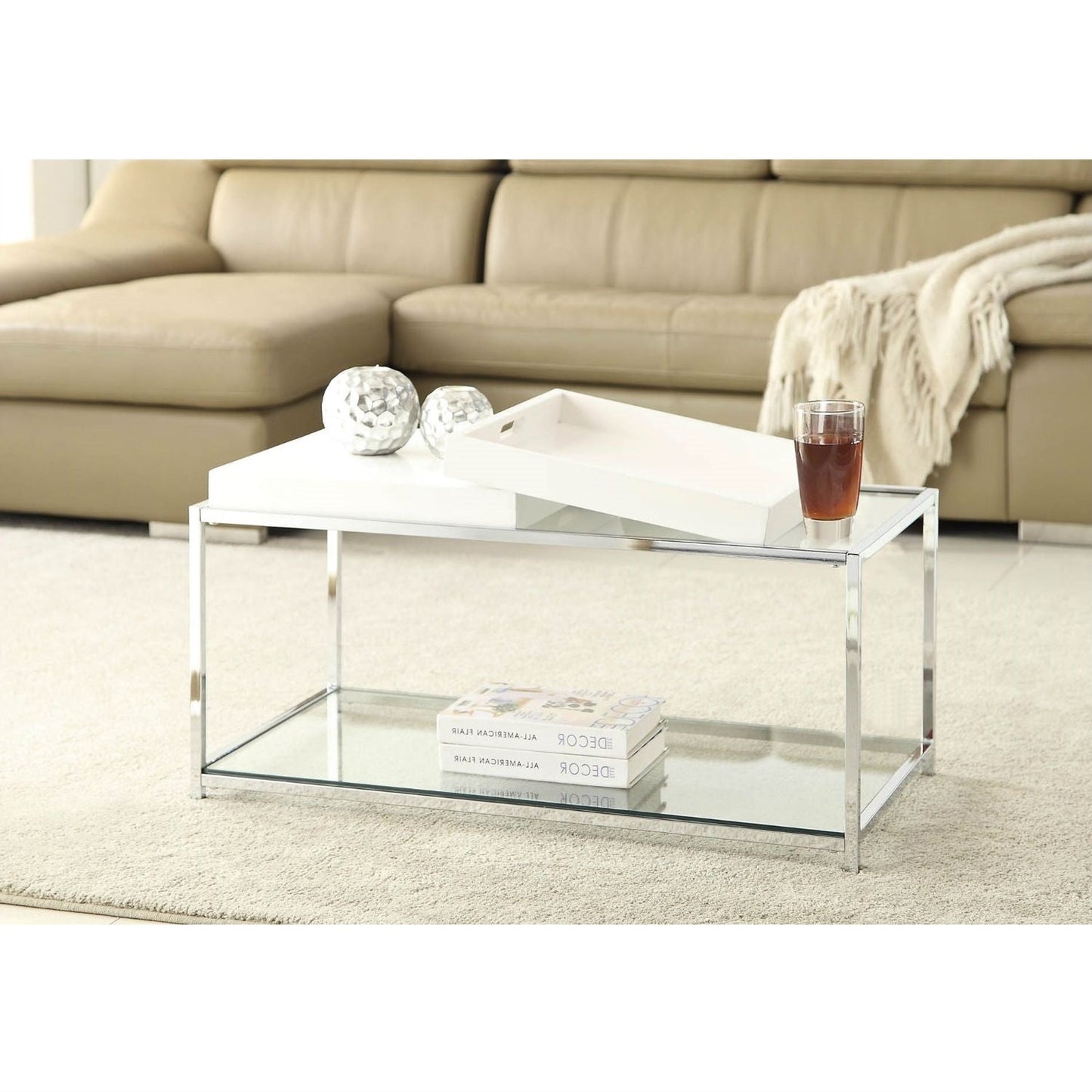 Modern Chrome Metal Coffee Table with 2 White Removable Trays LuxuryLifeWay Online Store