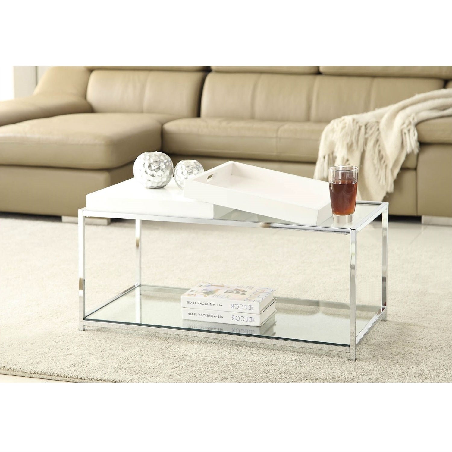 Modern Chrome Metal Coffee Table with 2 White Removable Trays LuxuryLifeWay Online Store