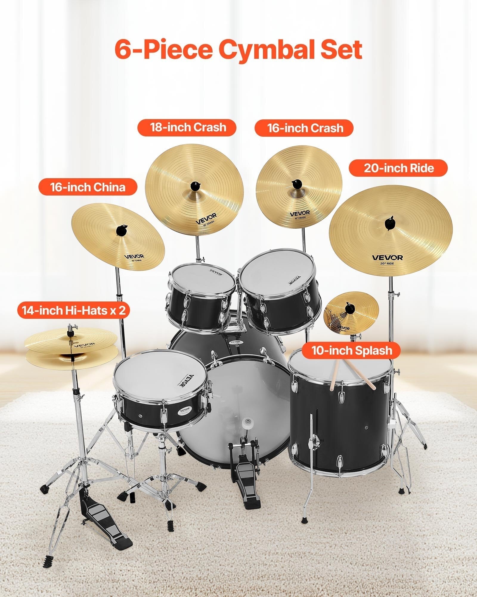 Cymbal Pack, 6 Pieces Cymbals for Drum Set, Alloy Cymbals Drum Set Includes 14-inch Hi-Hats, 16-inch Crash, 18-inch Crash, 20-inch Ride, 10-inch Splash, 16-inch China, Drumsticks & Cymbal Bag LuxuryLifeWay Online Store