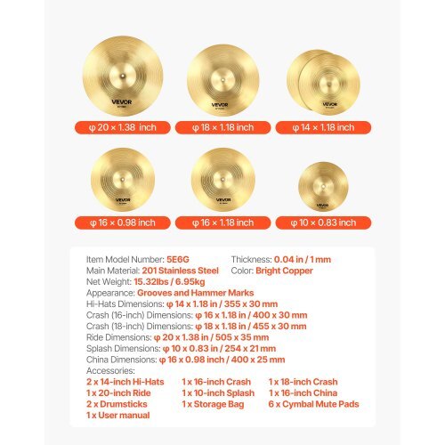 Cymbal Pack, 6 Pieces Cymbals for Drum Set, Alloy Cymbals Drum Set Includes 14-inch Hi-Hats, 16-inch Crash, 18-inch Crash, 20-inch Ride, 10-inch Splash, 16-inch China, Drumsticks & Cymbal Bag LuxuryLifeWay Online Store