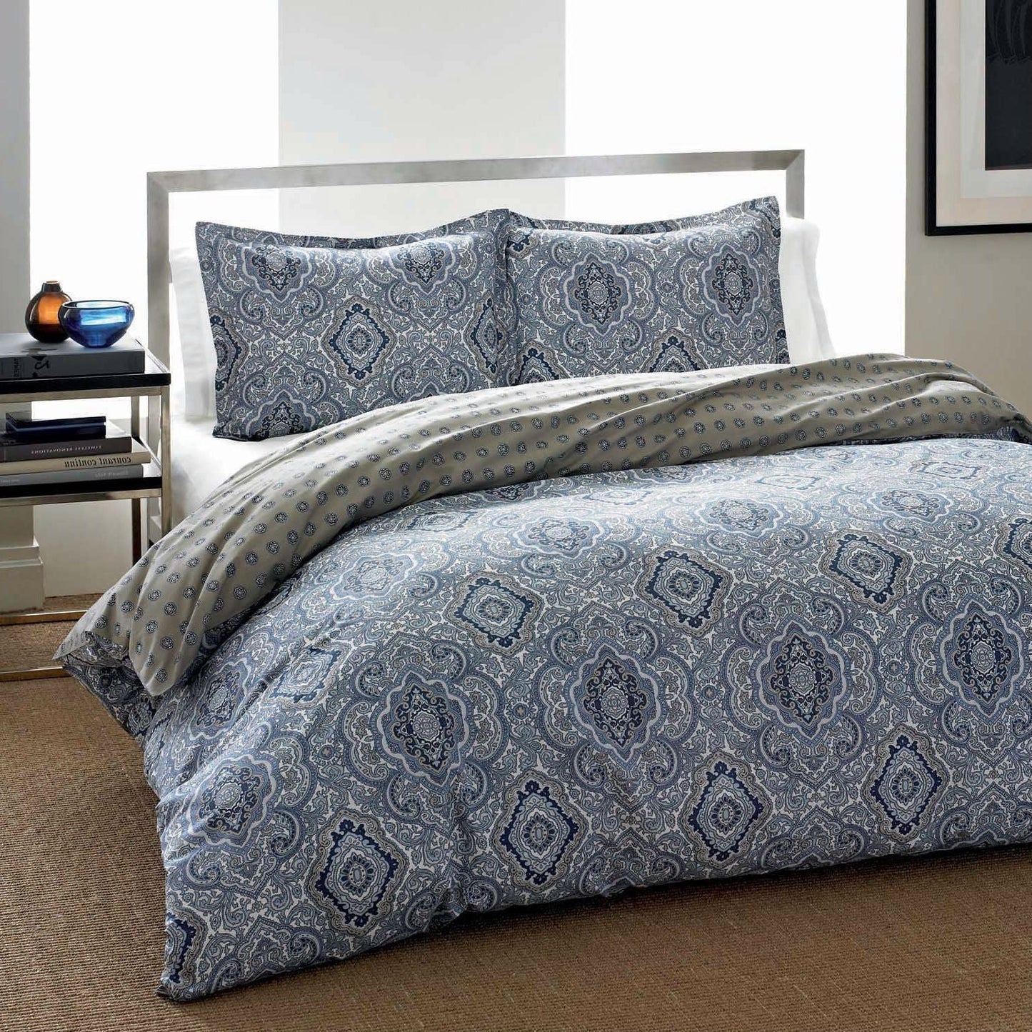 King 3-Piece Cotton Comforter Set with Blue Grey Damask Pattern LuxuryLifeWay Online Store