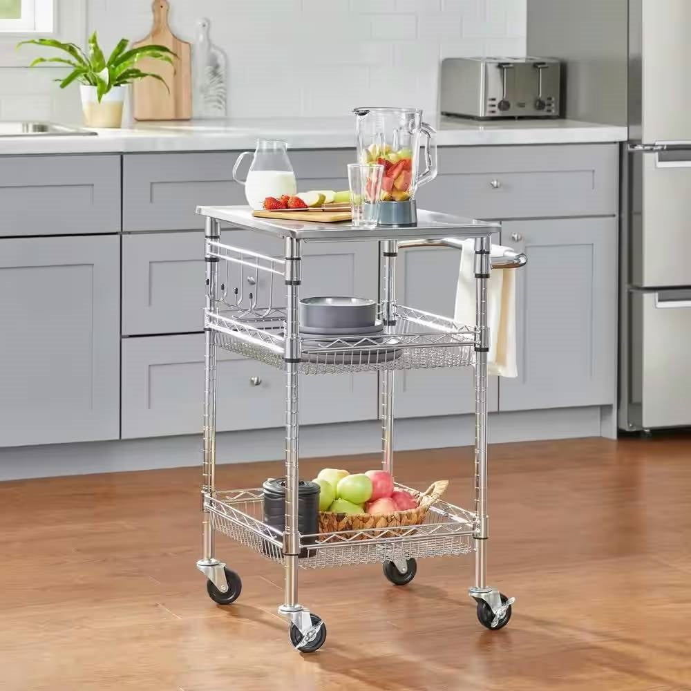 Compact Kitchen Cart with Stainless Steel Top and 2 Bottom Storage Shelves LuxuryLifeWay Online Store