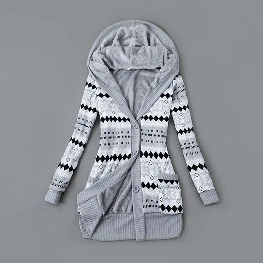 Thick Printed Hooded Knitted Cardigan Jacket