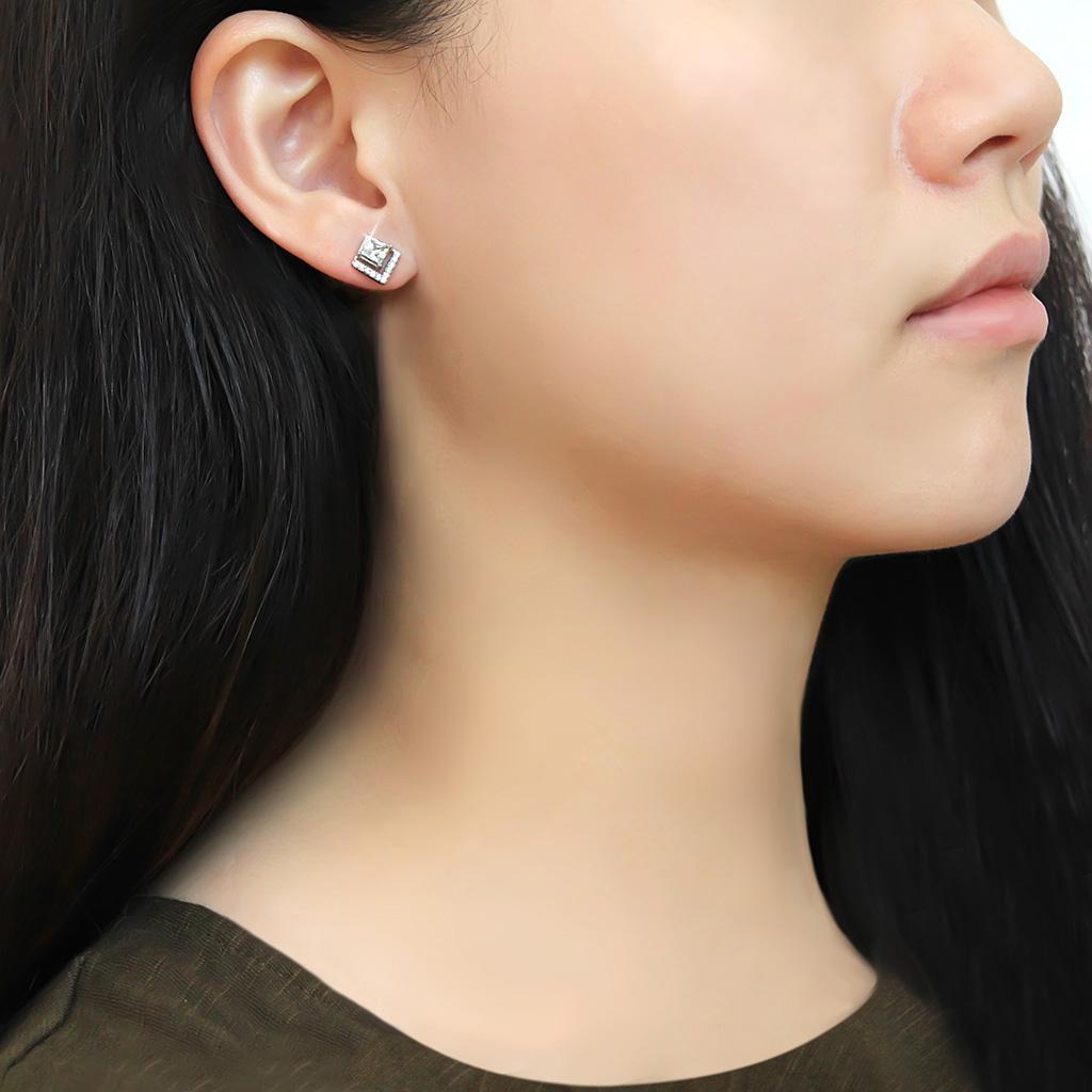 DA071 - High polished (no plating) Stainless Steel Earrings with AAA Grade CZ  in Clear LuxuryLifeWay Online Store