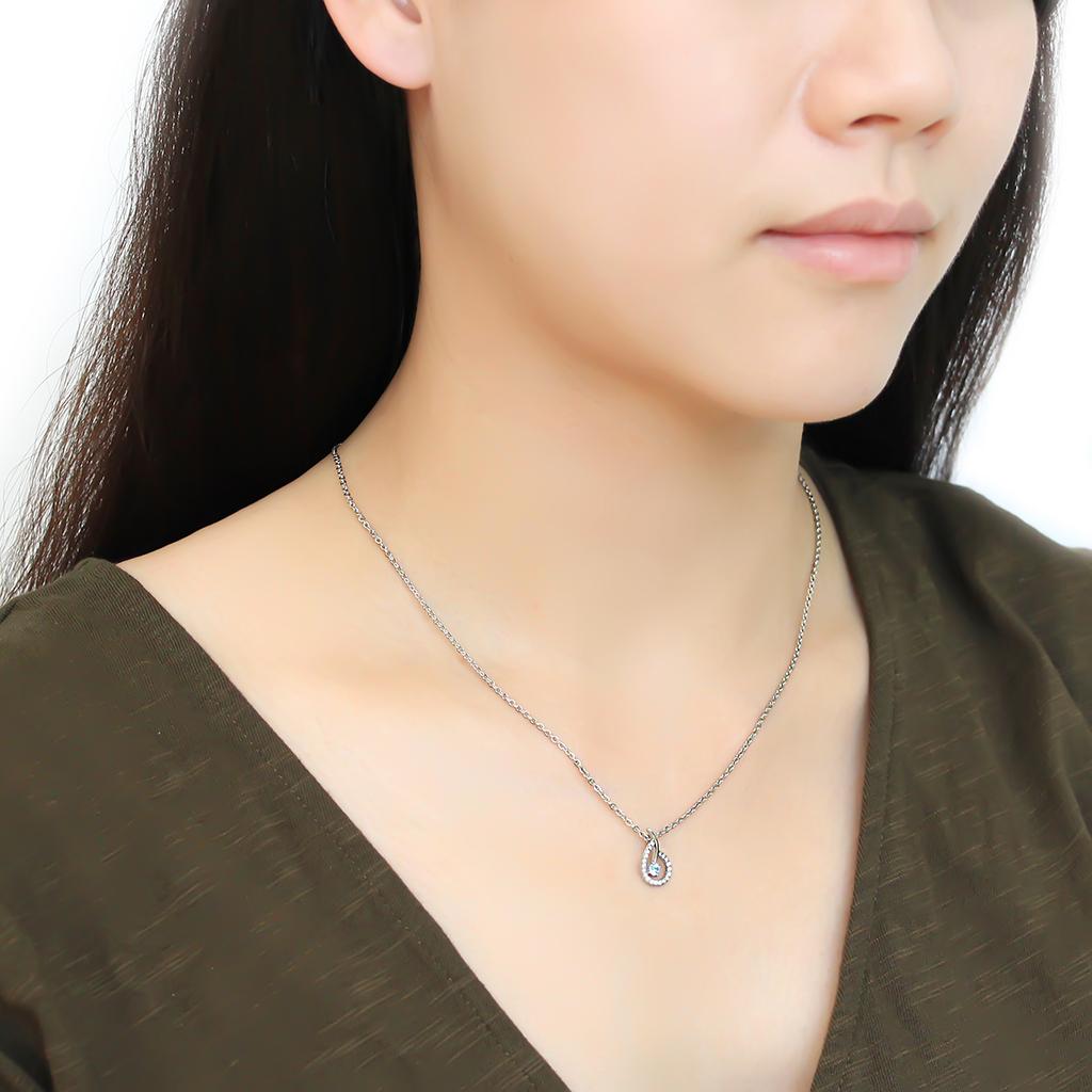 DA090 - High polished (no plating) Stainless Steel Chain Pendant with AAA Grade CZ  in Sea Blue LuxuryLifeWay Online Store