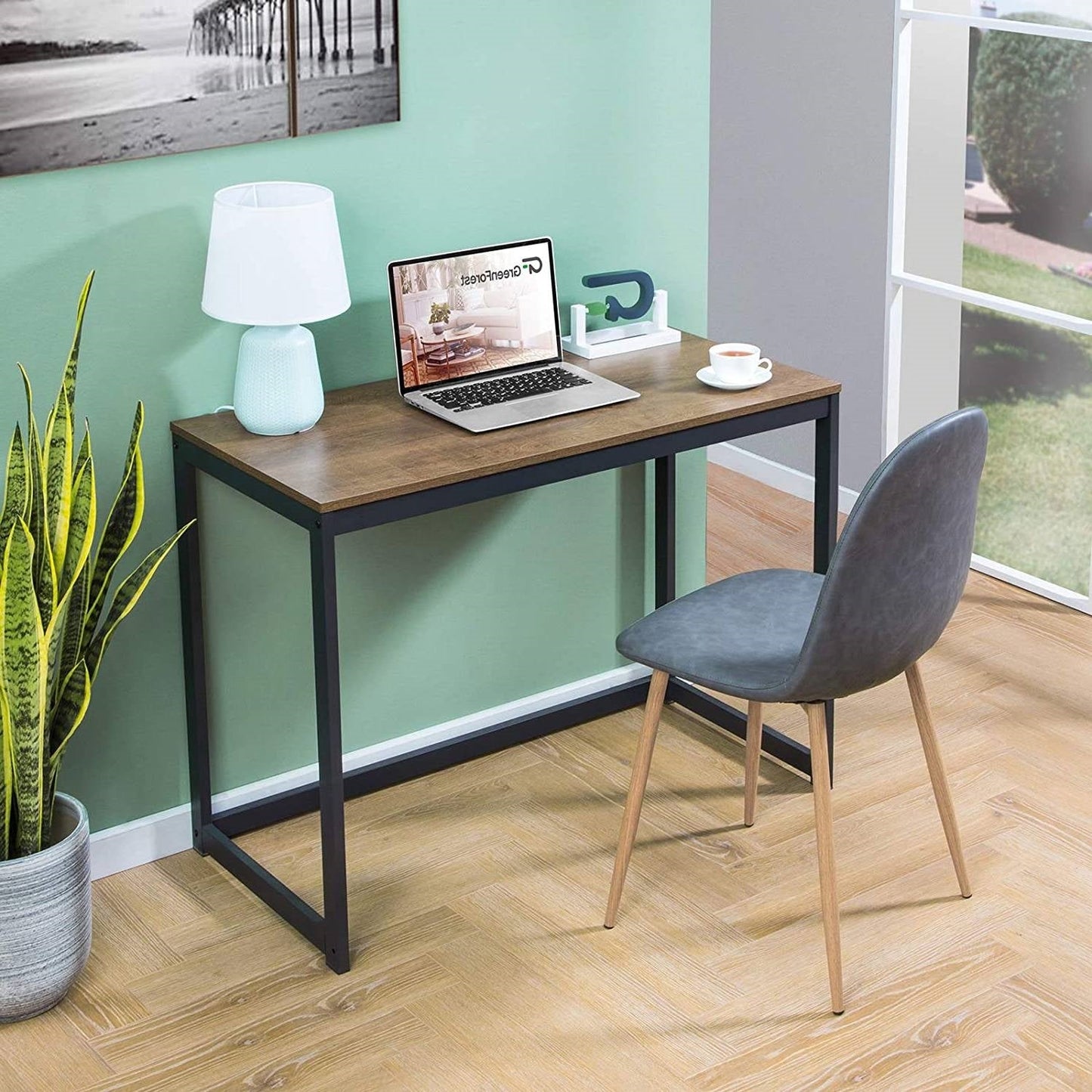 Small Home Office Modern Laptop Computer Desk Table Metal Frame Brown Wood Top LuxuryLifeWay Online Store