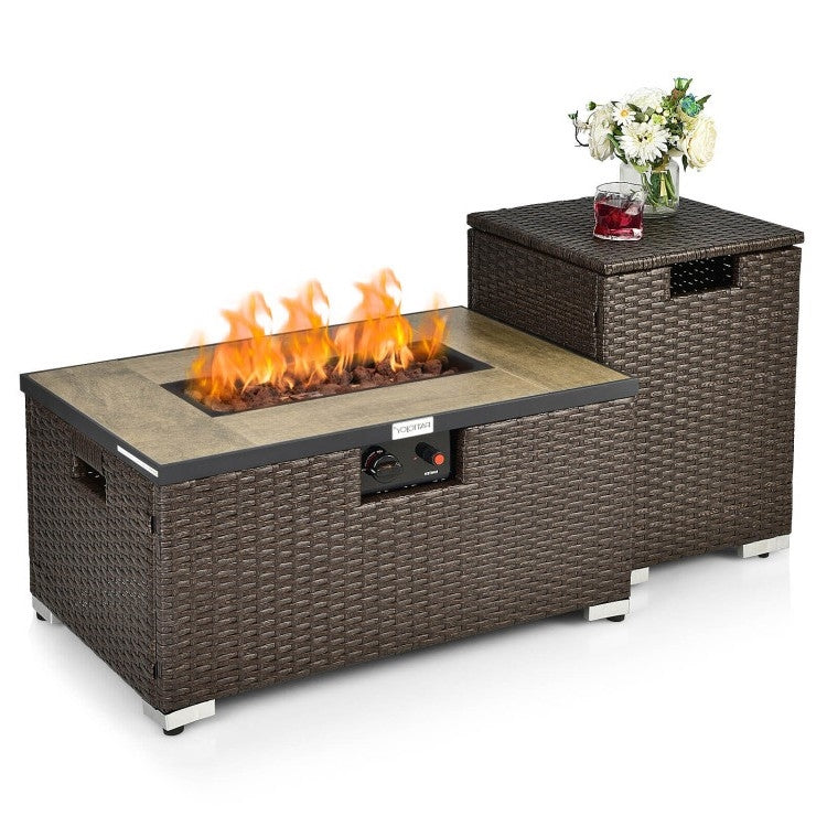 Outdoor Propane Fire Pit with Side Table Tank Holder in Brown PE Rattan LuxuryLifeWay Online Store