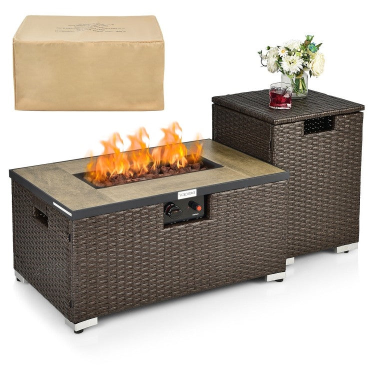 Outdoor Propane Fire Pit with Side Table Tank Holder in Brown PE Rattan LuxuryLifeWay Online Store